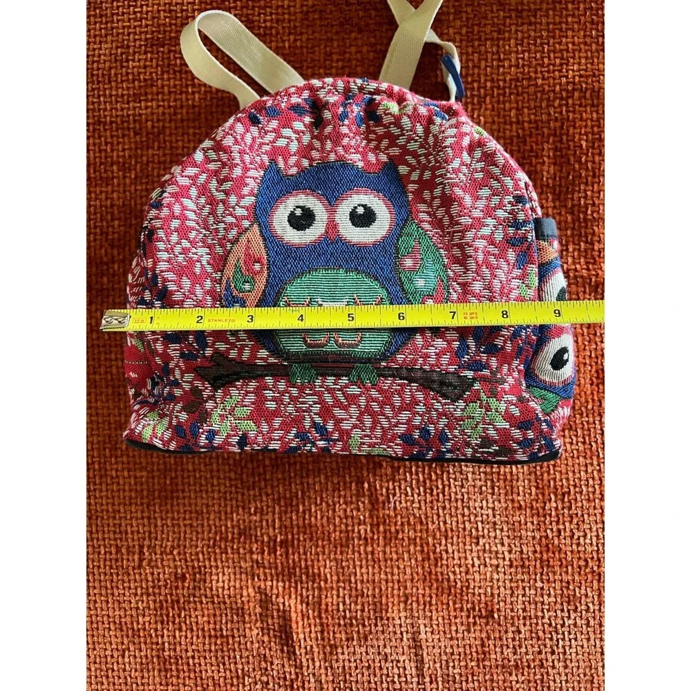 Vintage Whimsy Owl Tapestry‎ Mini Backpack Red Floral Boho Woven Small Rucksack